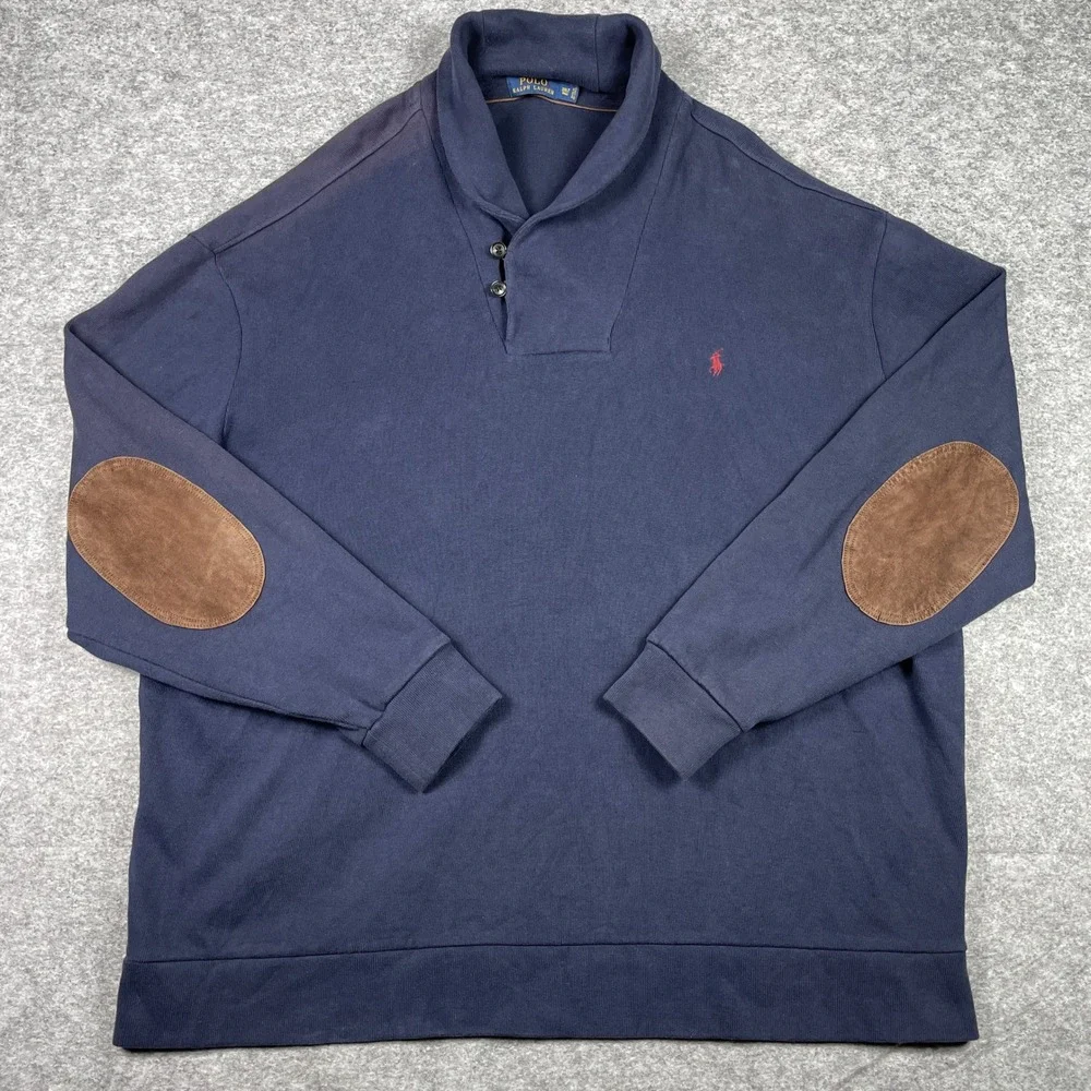 Polo Ralph Lauren Pullover Mens 3XLT Navy Shawl Collar Elbow Patch Sweatshirt